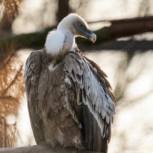 Large vulture on a sun-drenched branch, intently scanning its environment for food