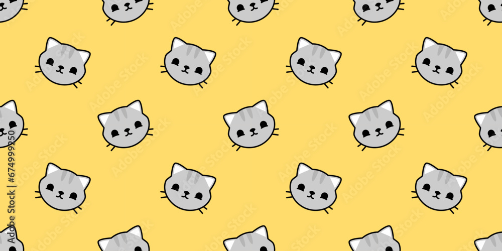 Happy cat cartoon doodle seamless pattern. Funny kitten face flat illustration background. Animal texture print. Playful pet character wallpaper.