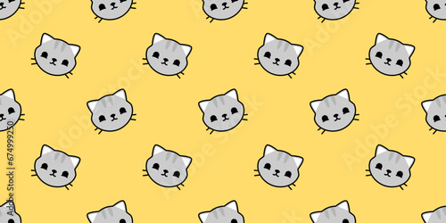 Happy cat cartoon doodle seamless pattern. Funny kitten face flat illustration background. Animal texture print. Playful pet character wallpaper.