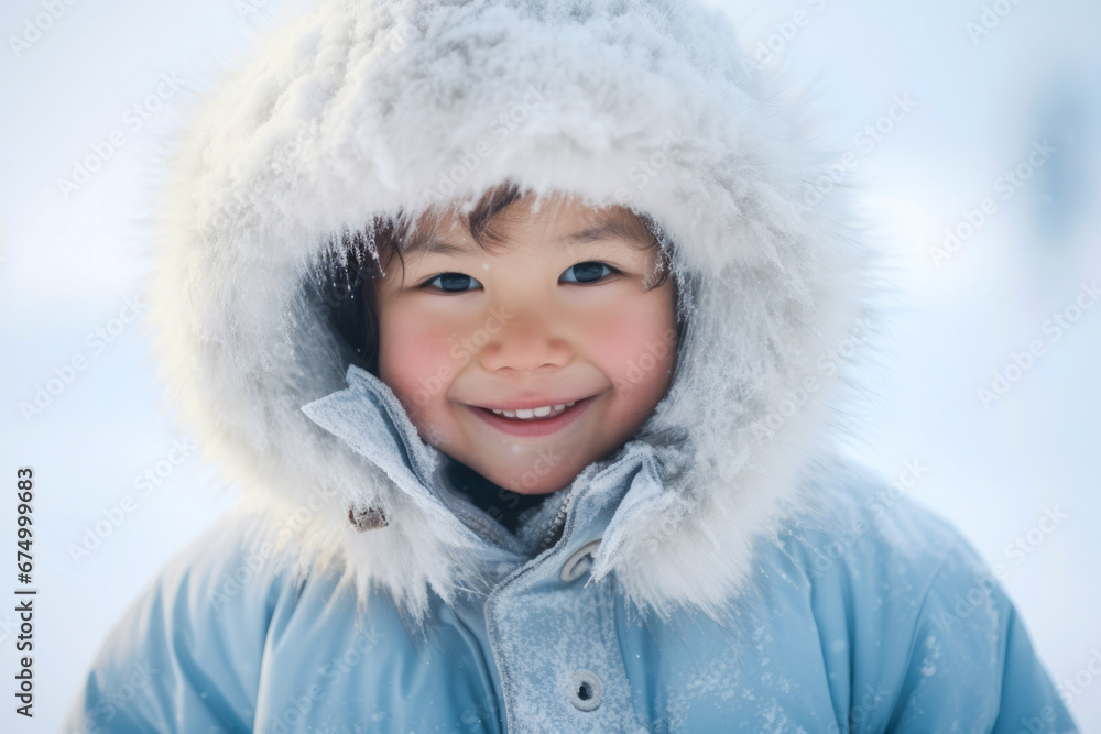 A closeup portrait of happy Inuit native American child smiling on a cold winter day A closeup portrait of happy Inuit native American child smiling on a cold winter day