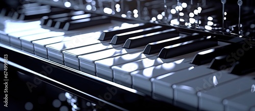 The abstract background with a pattern of white and black creates a creative and old school ambiance at the concert where the key to the music is played on a piano keyboard illuminated by vi