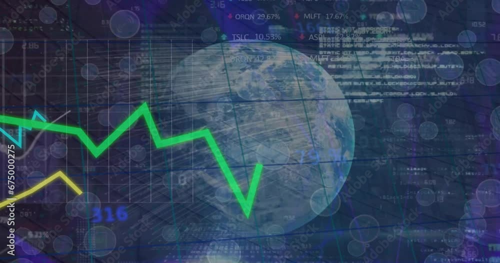 Animation of graphs, changing numbers, trading boards and computer language over globe Animation of graphs, changing numbers, trading boards and computer language over globe