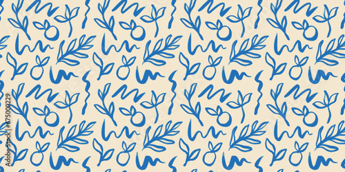 Abstract organic shape art seamless pattern with blue nature doodles. Hand drawn cartoon background, simple leaf shapes and fruit in watercolor painting style. 