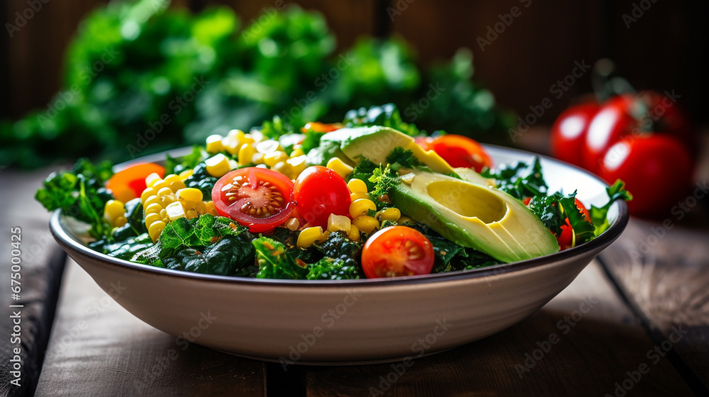 fresh salad with various types of vegetables in a bowl on wooden background