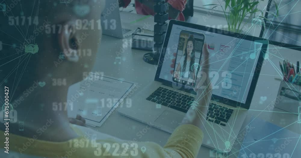 Animation of changing numbers, connected globes, diverse female coworkers discussing on video call Animation of changing numbers, connected globes, diverse female coworkers discussing on video call