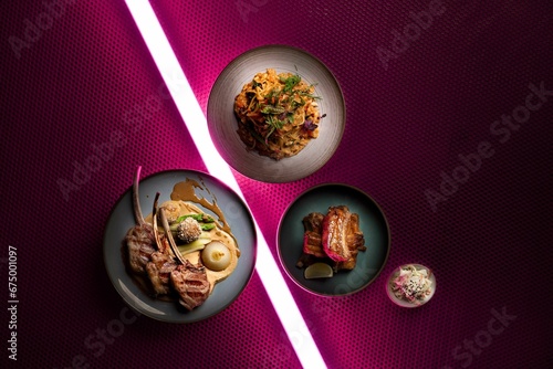 Photography Closeup of various delicious dishes in neon lights