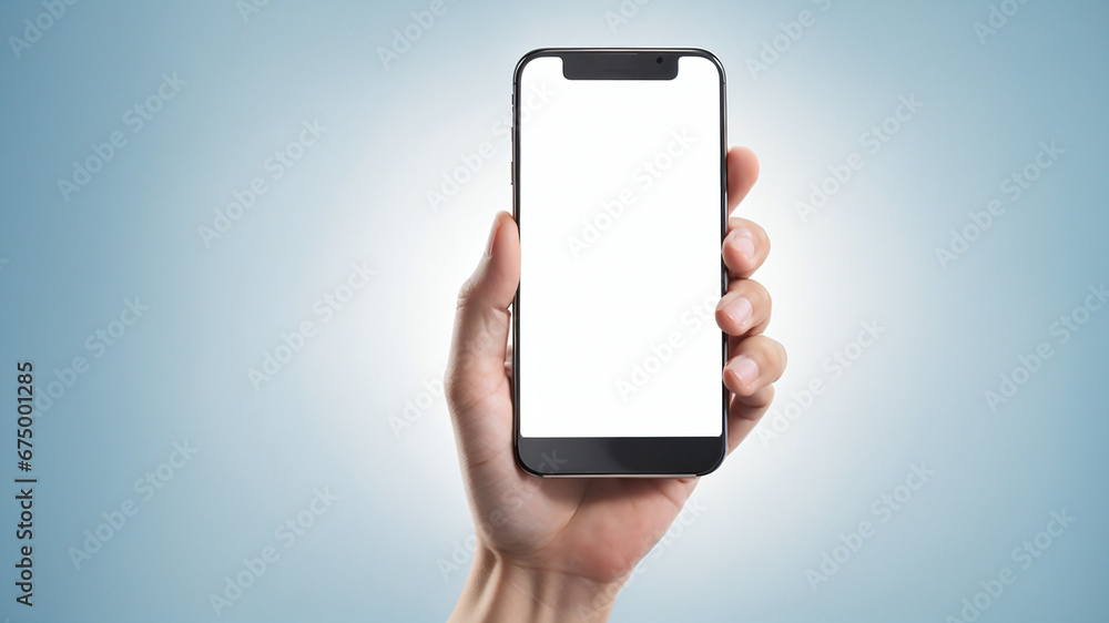 hand holding phone on blue background - Generative AI hand holding phone on blue background - Generative AI