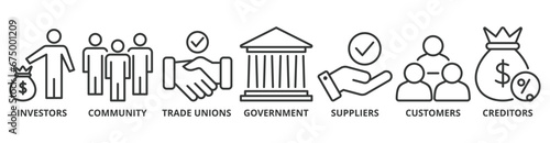 Stakeholder relationship banner web icon vector illustration concept for stakeholder, investor, government, and creditors with icon of community, trade unions, suppliers, and customers