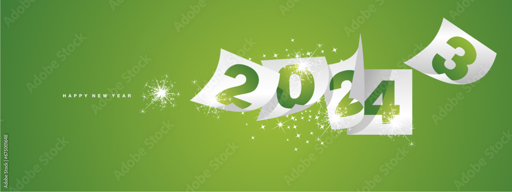 Happy new year 2024 and the end of 2023. Winter holiday greeting card design template on lucky green background. New year 2024 and the end of 2023 on white calendar sheets and sparkle firework - obrazy, fototapety, plakaty 