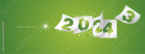 Happy new year 2024 and the end of 2023. Winter holiday greeting card design template on lucky green background. New year 2024 and the end of 2023 on white calendar sheets and sparkle firework