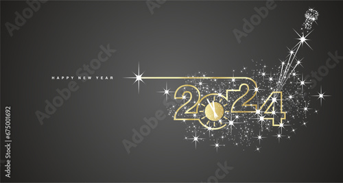 2024 Happy New Year. Clock countdown. 2024 in the form of a line design with champagne cork with shining sparkle firework golden white black banner vector