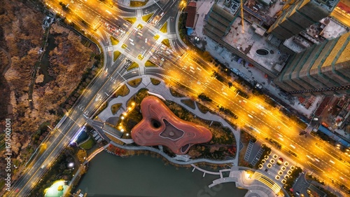 Aerial night view of the city of Liyang, Nanjing, Jiangsu Province, China. photo