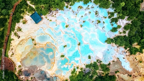 Aerial view of natural pools of Huanglong Scenic Area, Sichuan Province, China. photo