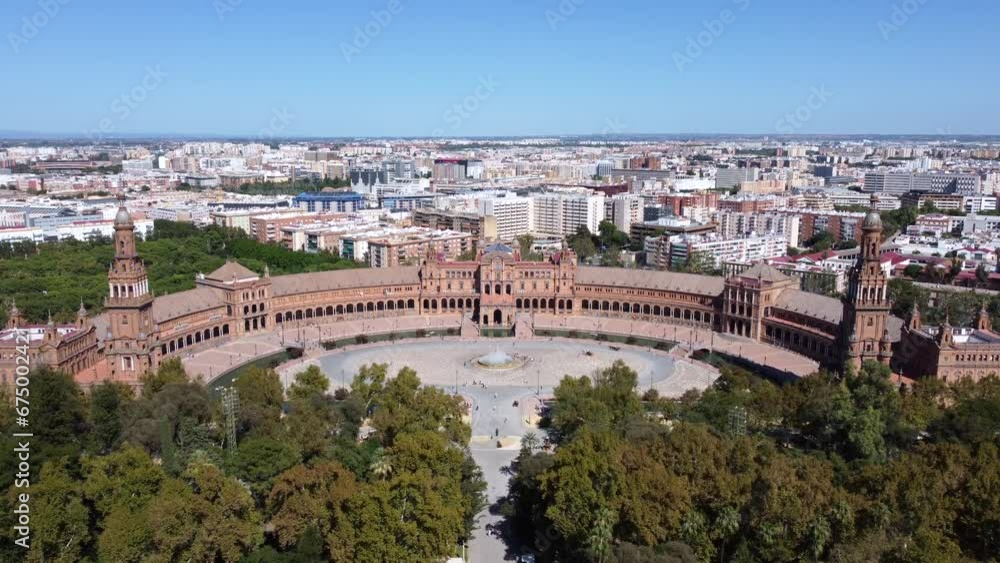 Plaza De Espana, Seville. Drone pull back from square revealing cityscape and park. Plaza De Espana, Seville. Drone pull back from square revealing cityscape and park.