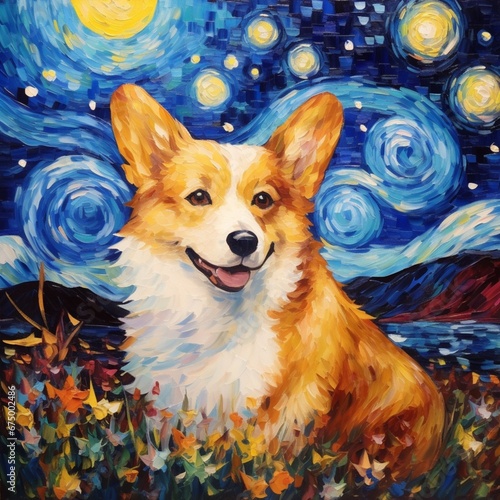 Corgi dog starry night gustav klimt canvas painting wallpaper image AI generated art