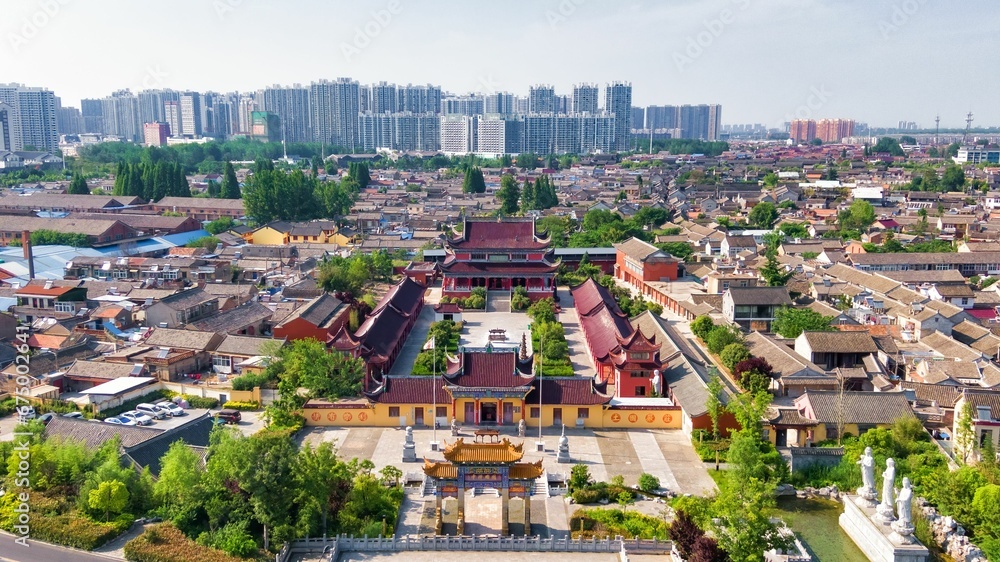 An aerial video of Wenshi Zen Temple, Hexia Ancient Town, Huaian City, China