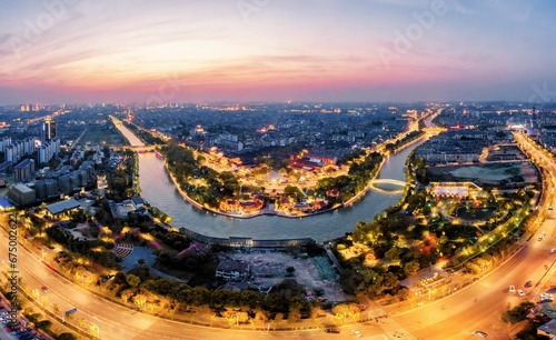 Aerial view of the city night view of Dashuiwan Park, Yangzhou City, China photo
