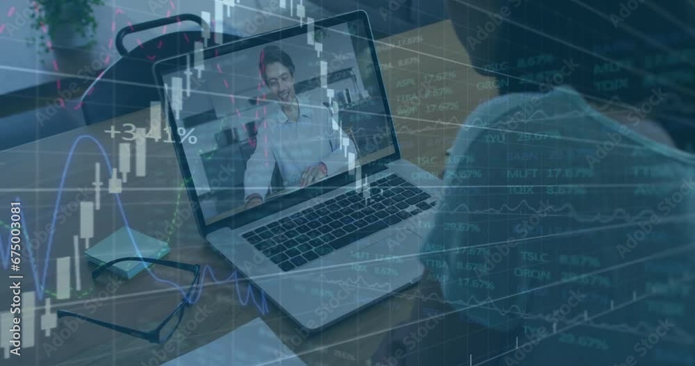 Animation of infographic interface over driverse woman discussing with man over video call on laptop Animation of infographic interface over driverse woman discussing with man over video call on laptop