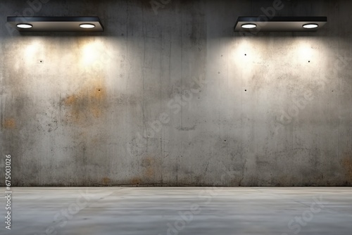 Empty concrete room wall and glowing lamps.generative ai.