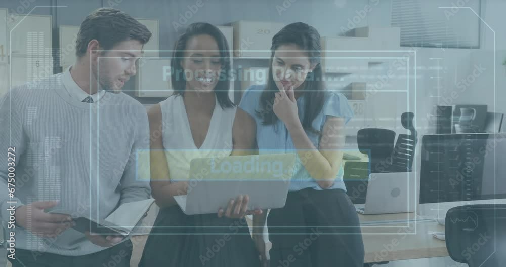 Animation of infographic interface over multiracial colleagues discussing over laptop in office
