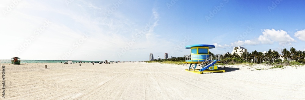 Colorful lifeguard tower situated along a sandy beach. Miami, Florida, USA. Colorful lifeguard tower situated along a sandy beach. Miami, Florida, USA.