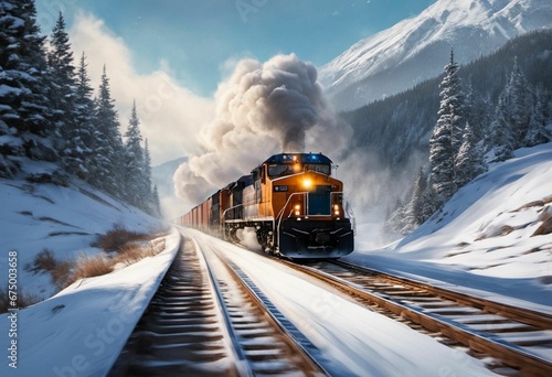 AI-generated illustration of a train chugging through a winter landscape of snow-capped mountains