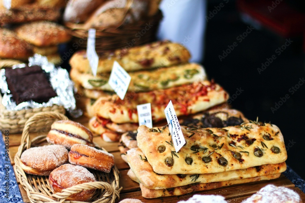 Array of freshly-baked bread at a food market in Auckland, New Zealand.