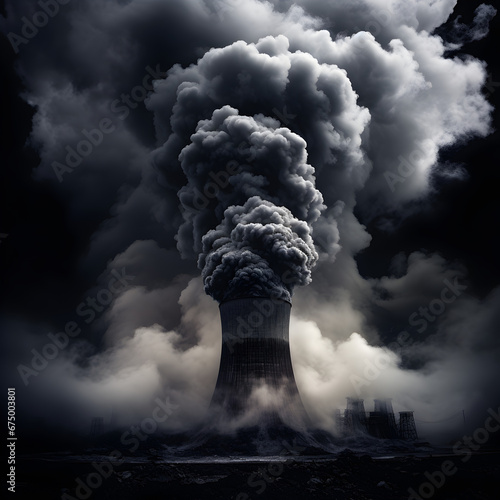 Nuclear plant stack surrounded with smoke. Generative ai. 