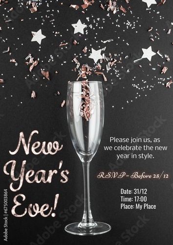 Composition of new year's eve invitation text over champagne glass and stars
