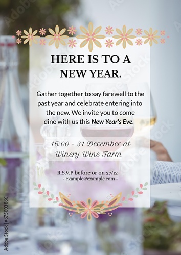 Composition of new year's eve invitation text over dining table