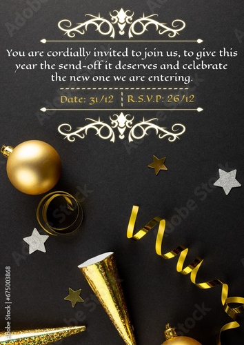 Composition of new year's eve invitation text over party hats and stars