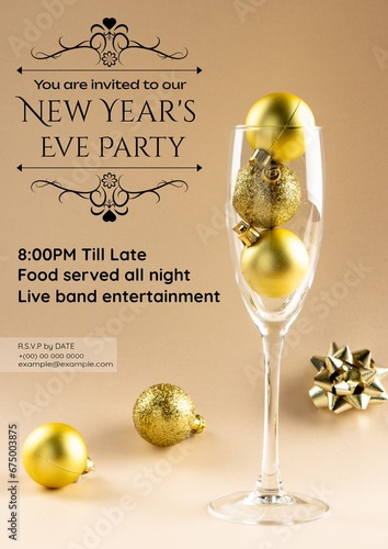 Composition of new year's eve invitation text over champagne glass