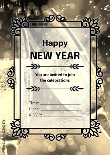 Composition of new year's eve invitation text over champagne glasses