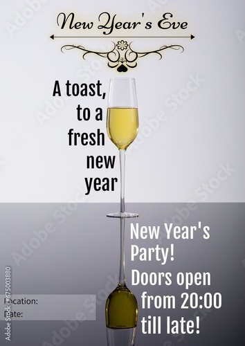 Composition of new year's eve invitation text over champagne glass