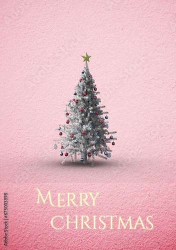 Composition of merry christmas text over christmas tree with decorations