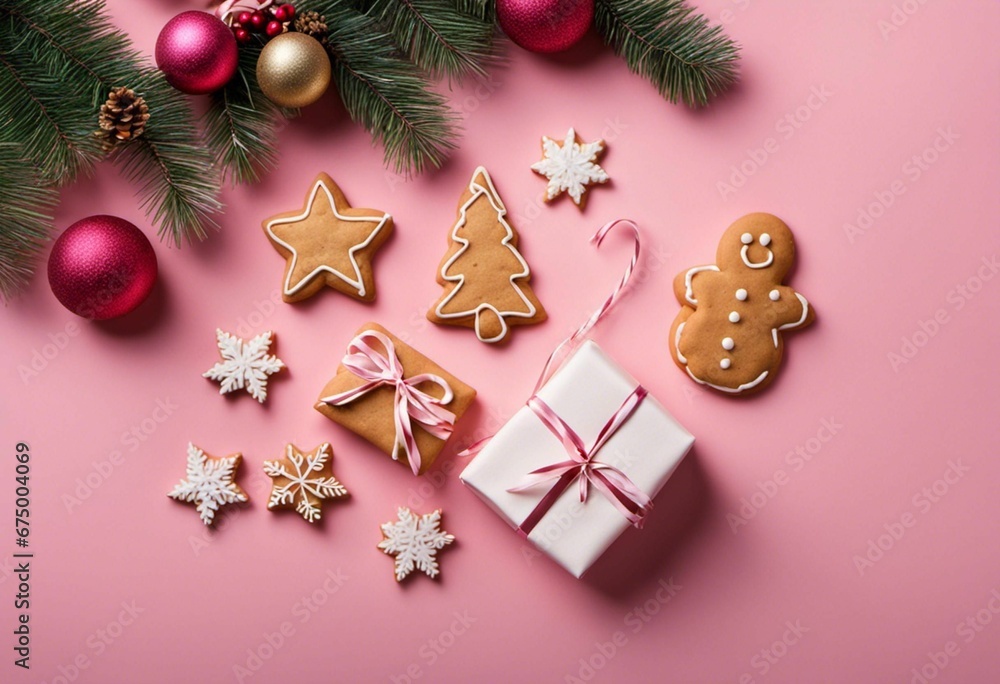 AI generated illustration of vibrant gift boxes with gingerbread cookies for Christmas AI generated illustration of vibrant gift boxes with gingerbread cookies for Christmas