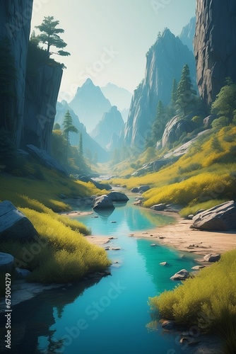 Fotografia AI generated illustration of a river in a green canyon