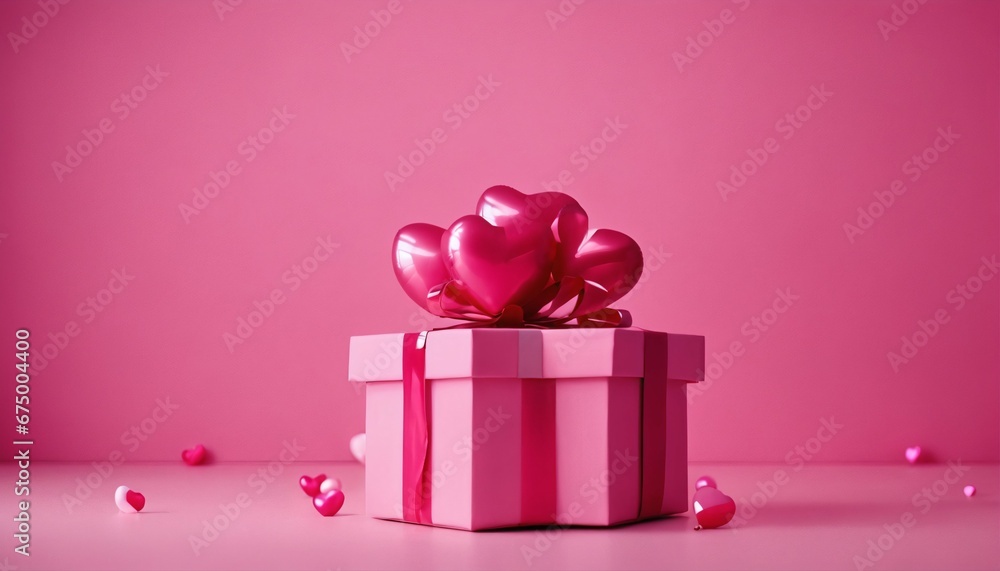 Spacious pink studio featuring heart shaped balloon, gift boxes, and copy space - Romance, Surprise, Anniversary