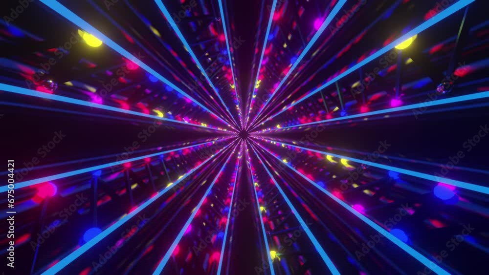 3D abstract of walking in a tunnel with colorful neon lights lines glowing in seamless pattern 3D abstract of walking in a tunnel with colorful neon lights lines glowing in seamless pattern