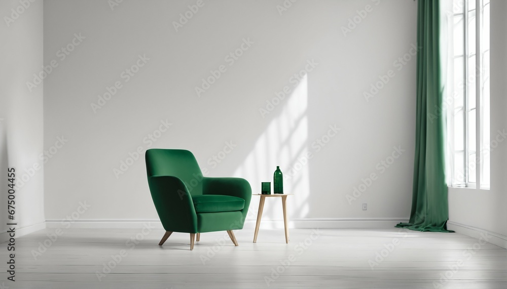 Green armchair in a Scandinavian living room with empty white wall Green armchair in a Scandinavian living room with empty white wall