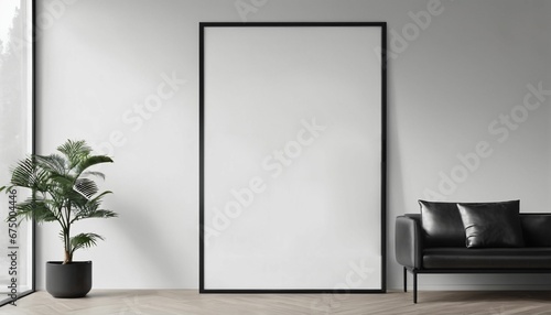 Vertical black frame poster mockup: Set against a white wall interior