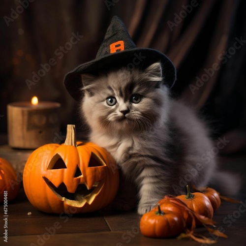AI generated illustration of a gray kitten wearing a witch hat perched next to a Halloween pumpkin © Wirestock