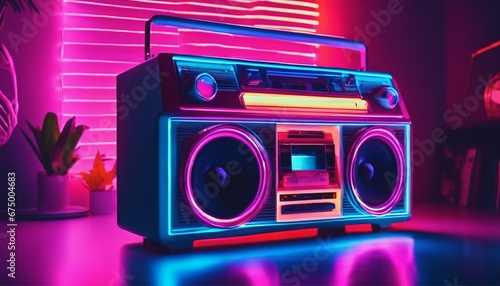Retro vintage stereo boom box in a chill living room with neon vaporwave color mood photo