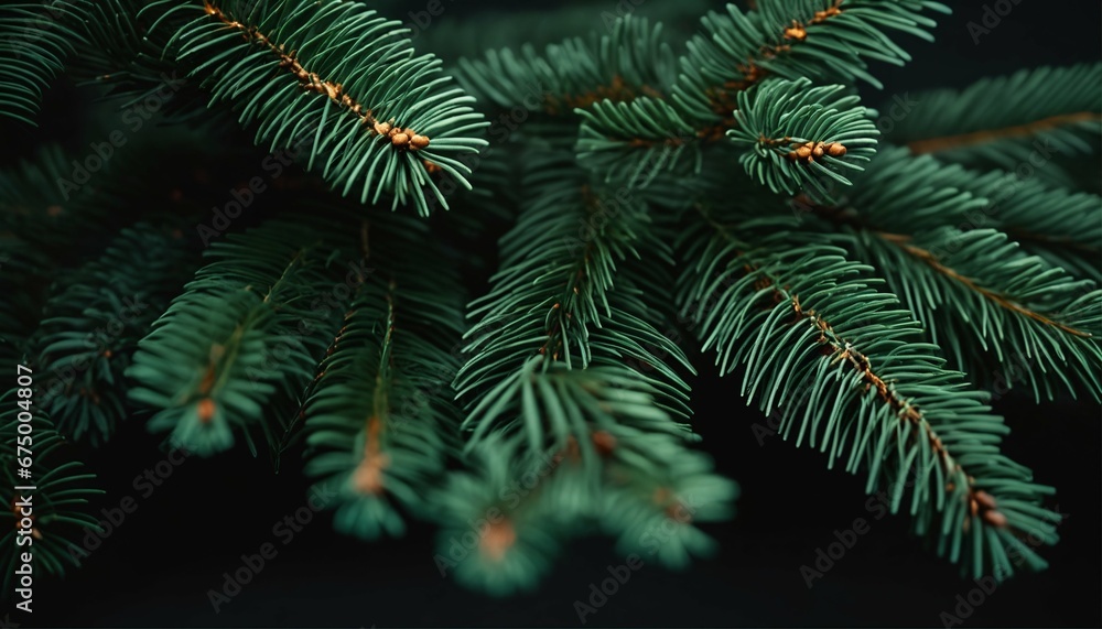 Green fir tree branch close up on a beautiful Christmas background with trendy moody dark tones Green fir tree branch close up on a beautiful Christmas background with trendy moody dark tones