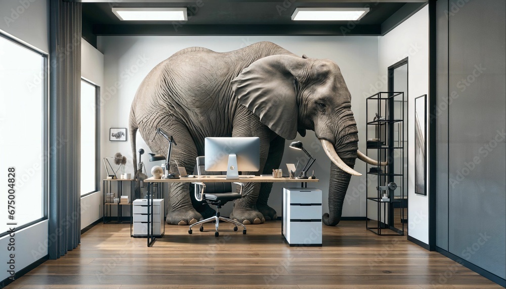 Elephant in the room concept. Huge elephant in a small office room. - obrazy, fototapety, plakaty 
