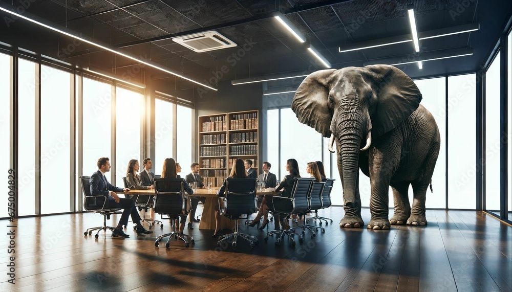 Business people addressing the elephant in the room during a meeting in the conference room, metaphor - obrazy, fototapety, plakaty 