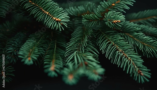 Green fir tree branch close up on a beautiful Christmas background with trendy moody dark tones