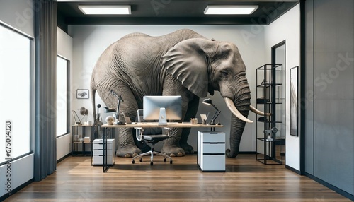 Elephant in the room concept. Huge elephant in a small office room. photo
