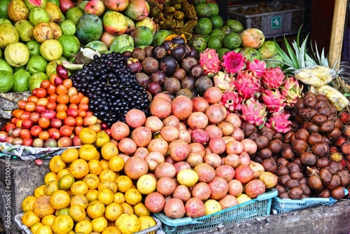 Vibrant selection of tropical fruits from Bali, Indonesia, displayed in a market