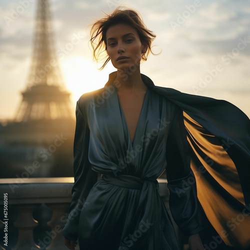 AI generated illustration of a lady in satin against against the Eiffel Tower in Paris at sunset